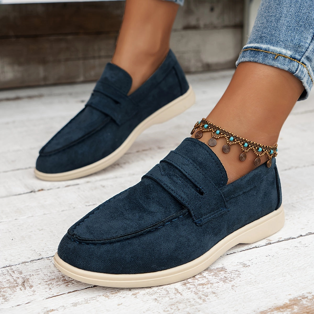 Donkerblauwe suède loafers - Elegante en comfortabele dames instappers