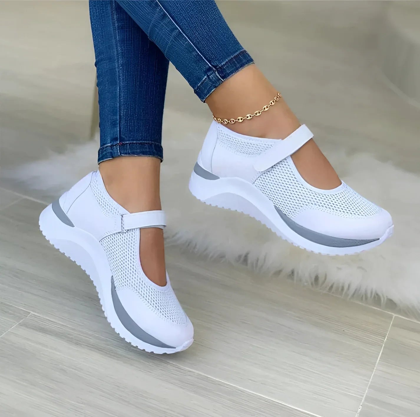 Dames Ademend Mary Jane Sneakers - Lichte Roze-Grijze Schoenen voor Dagelijks Gebruik