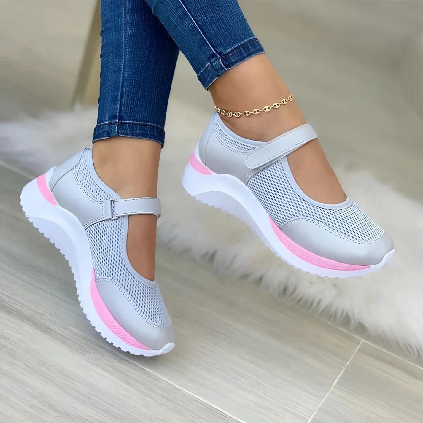 Dames Ademend Mary Jane Sneakers - Lichte Roze-Grijze Schoenen voor Dagelijks Gebruik