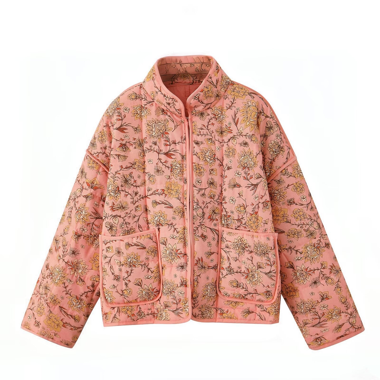 Oranji ® | Jas met patchwork en bloemenprint en staande kraag