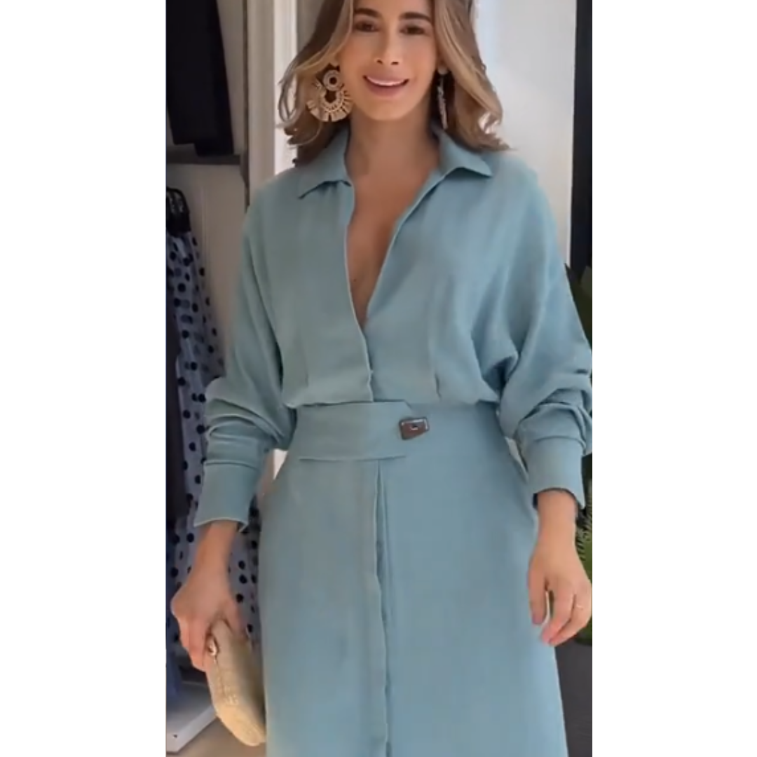 Barbara | Maxi-jurk van katoen en linnen met knopen en een riem in de taille