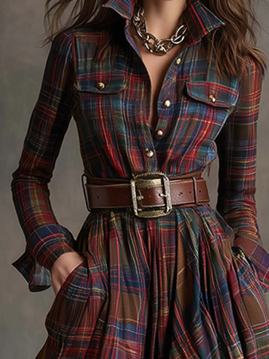 Retro maxi jurk in roodbruin met ruitpatroon