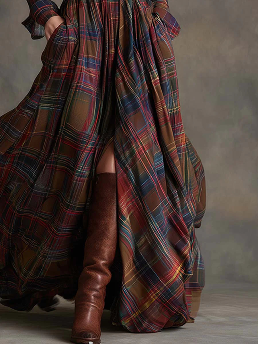 Retro maxi jurk in roodbruin met ruitpatroon