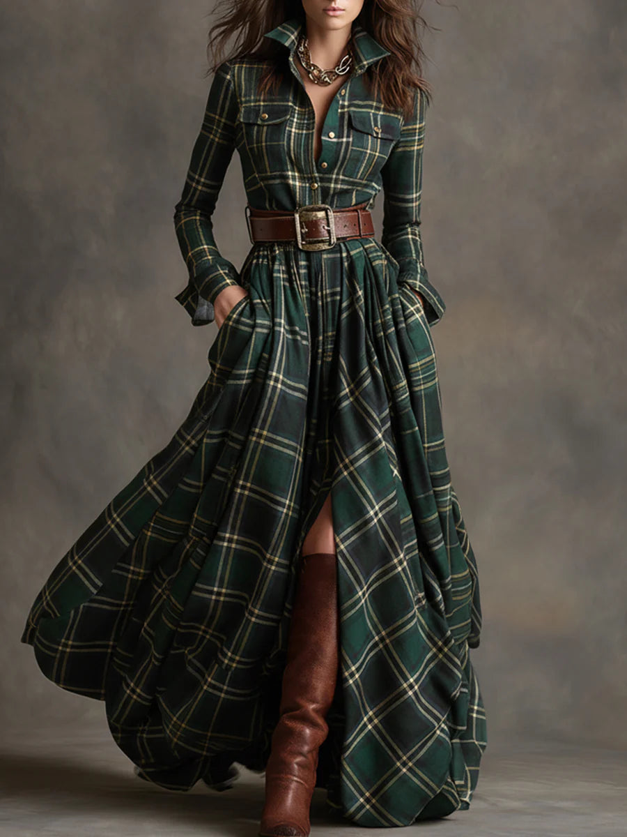 Retro maxi jurk in roodbruin met ruitpatroon
