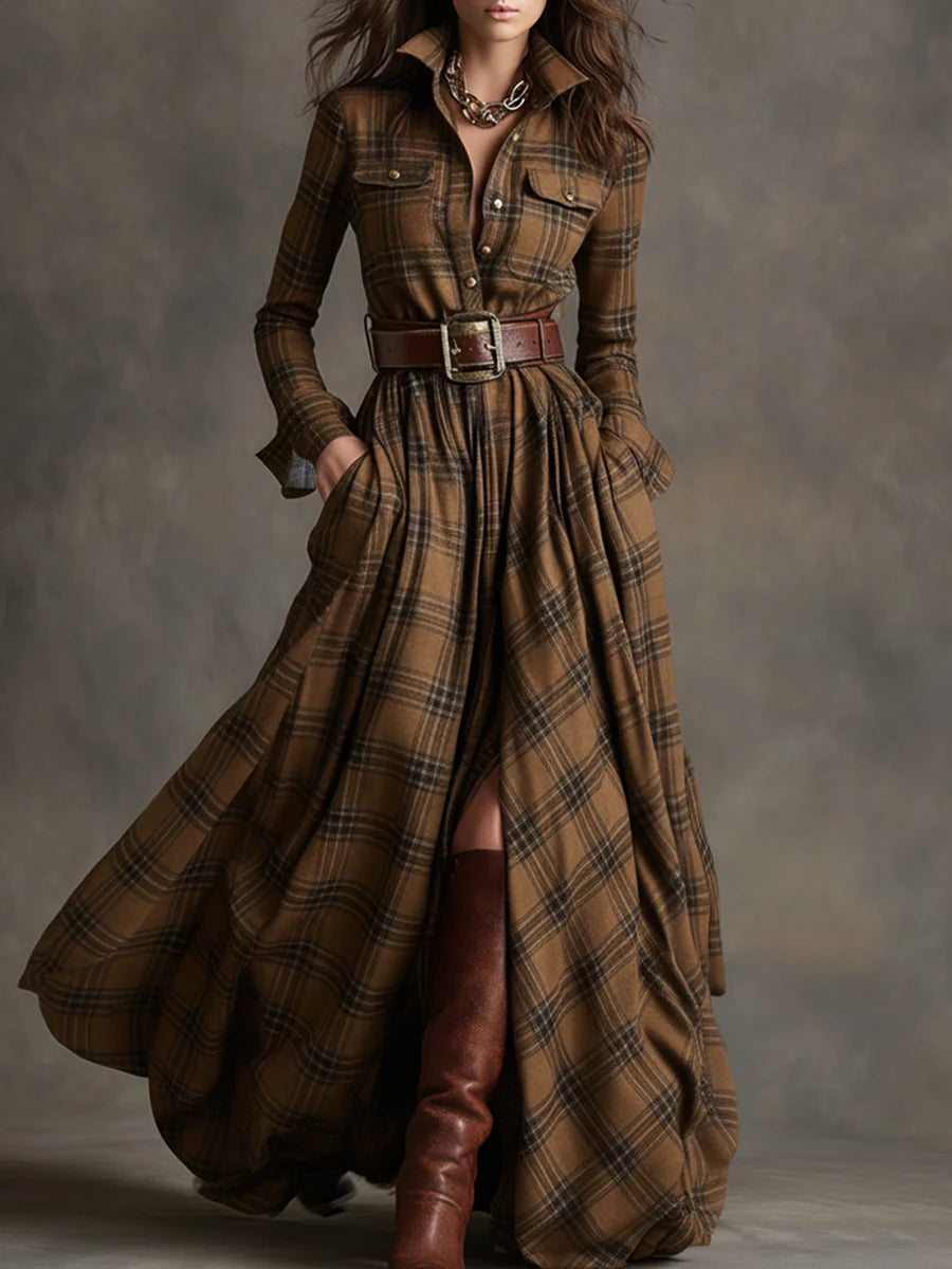 Retro maxi jurk in roodbruin met ruitpatroon
