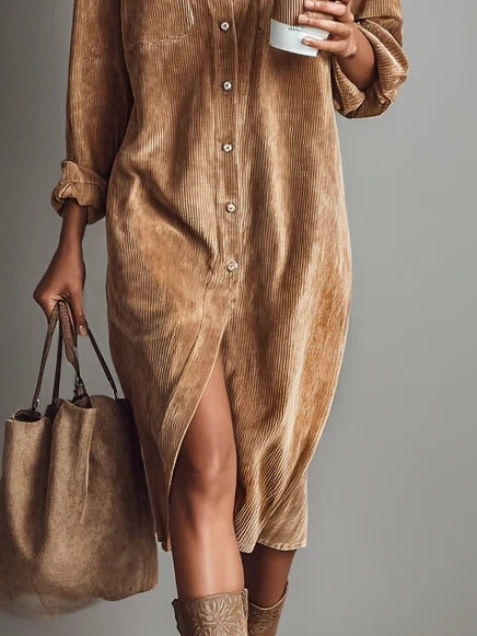 Losse midi-jurk van corduroy met dubbele borstzakken en knopen