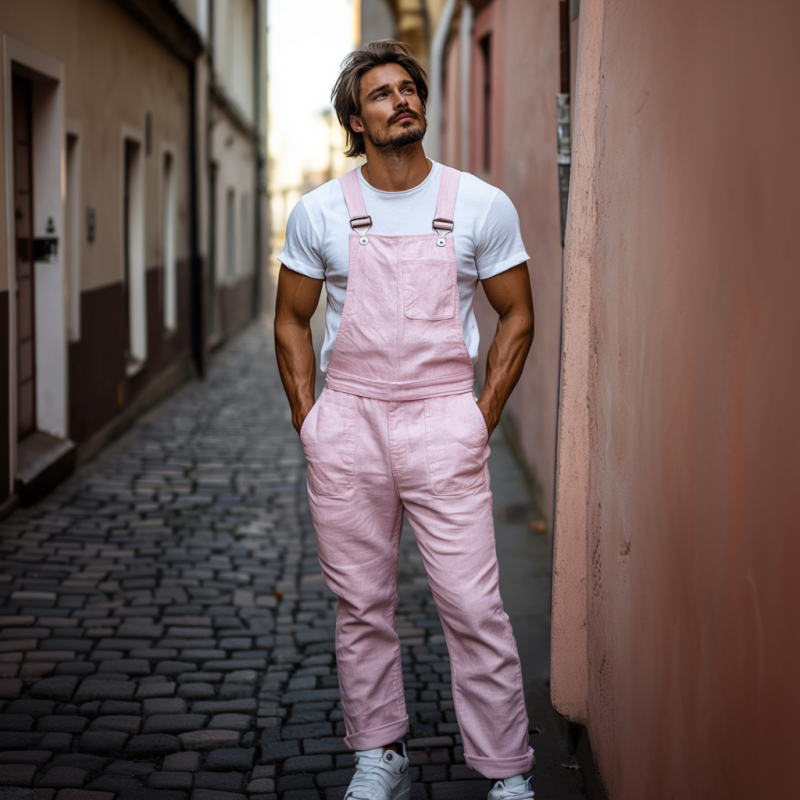 Heren Casual Ademend Linnen Effen Kleur Overalls met Veel Zakjes MTA2716E8M