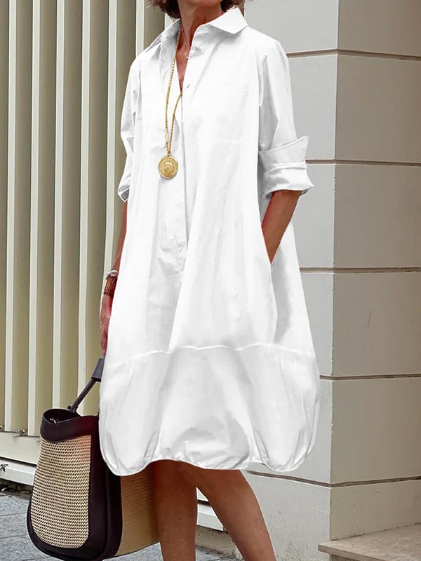 Lange Mouwen Losse Effen Kleur Revers Kraag Midi Jurken Overhemd Jurk