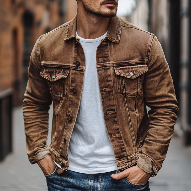 Heren vintage casual spijkerjack in effen kleur 80646611K