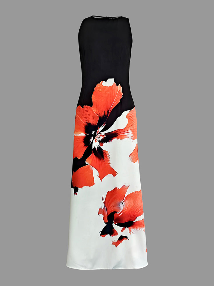Slanke Mouwloze Bloemenprint Ronde Hals Maxi Jurken