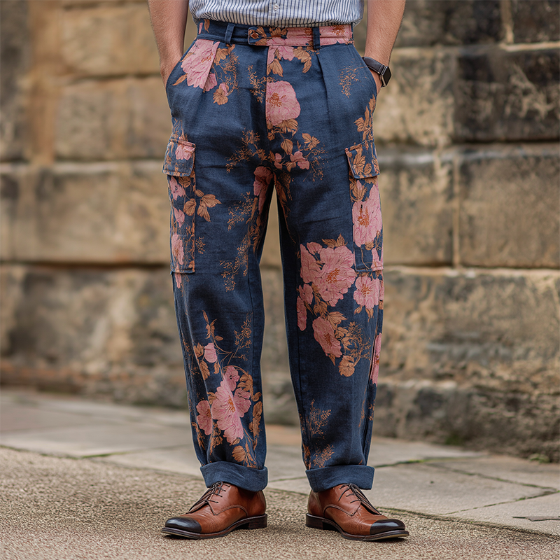 Heren Vintage Casual Broek met Grote Bloemenprint en Zakken MTA3162G7TO