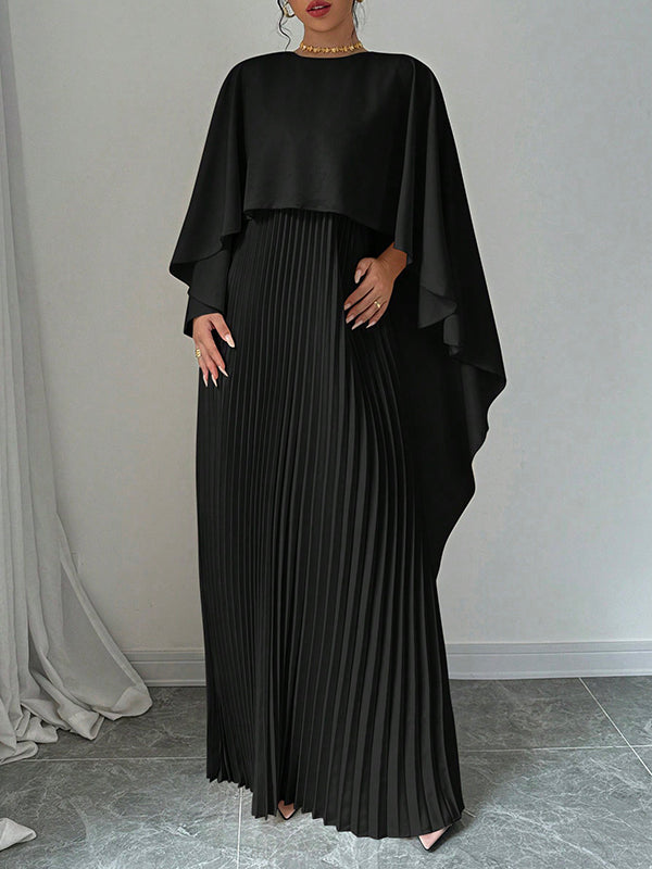 Cape High-Low Plissé Effen Kleur Split-Joint Ronde Hals Avondjurken Maxi Jurken