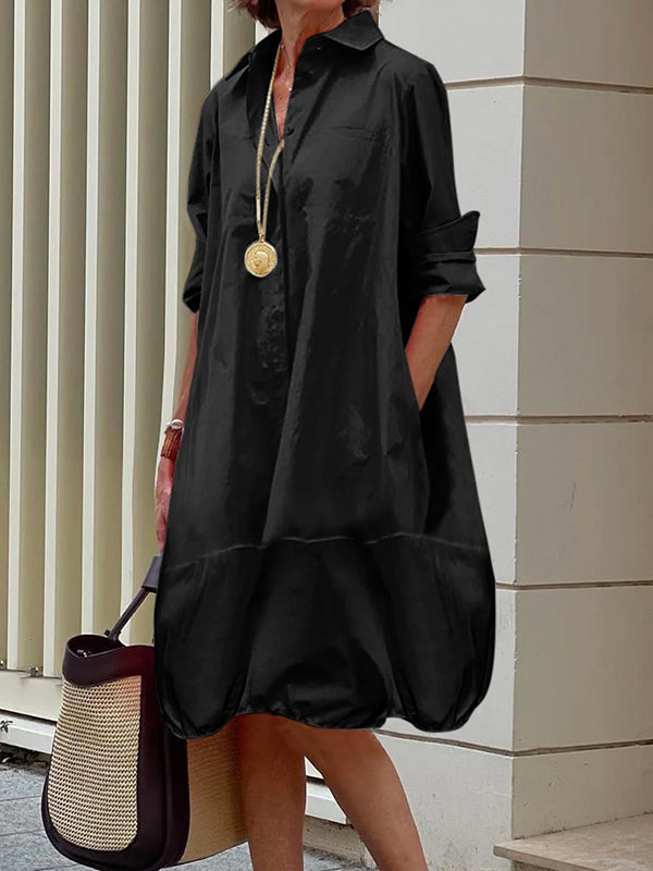 Lange Mouwen Losse Effen Kleur Revers Kraag Midi Jurken Overhemd Jurk
