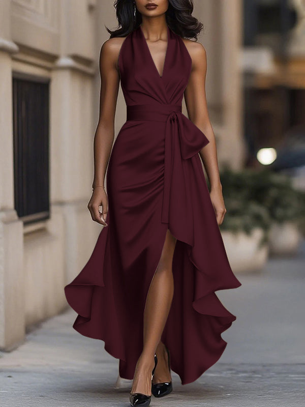 High-Low Losse Rimpel Trim Effen Kleur Tied Taille V-Hals Maxi Jurken