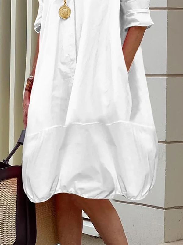 Lange Mouwen Losse Effen Kleur Revers Kraag Midi Jurken Overhemd Jurk