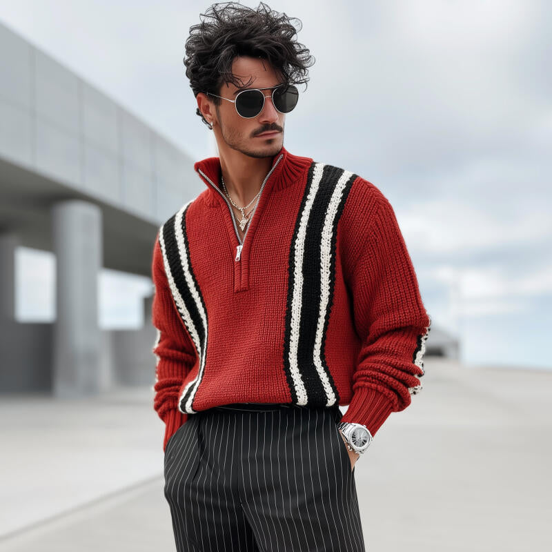 Heren Vintage Contrast Trui van Ademend Breiwerk met Rits en Staande Kraag MTA2841H3M