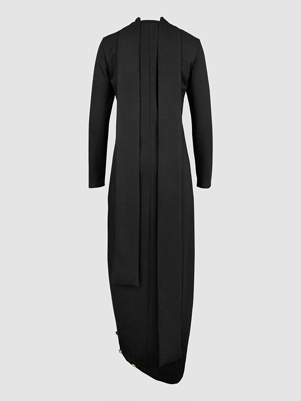 Lange Mouwen Losse Asymmetrische Geknoopte Split-Joint Split-Zijde Mock Neck Maxi Jurken