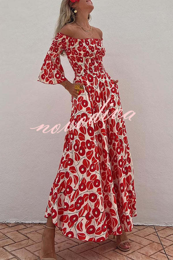 Zomer Maxi Jurk met Bloemenpatroon en Ontblote Schouders