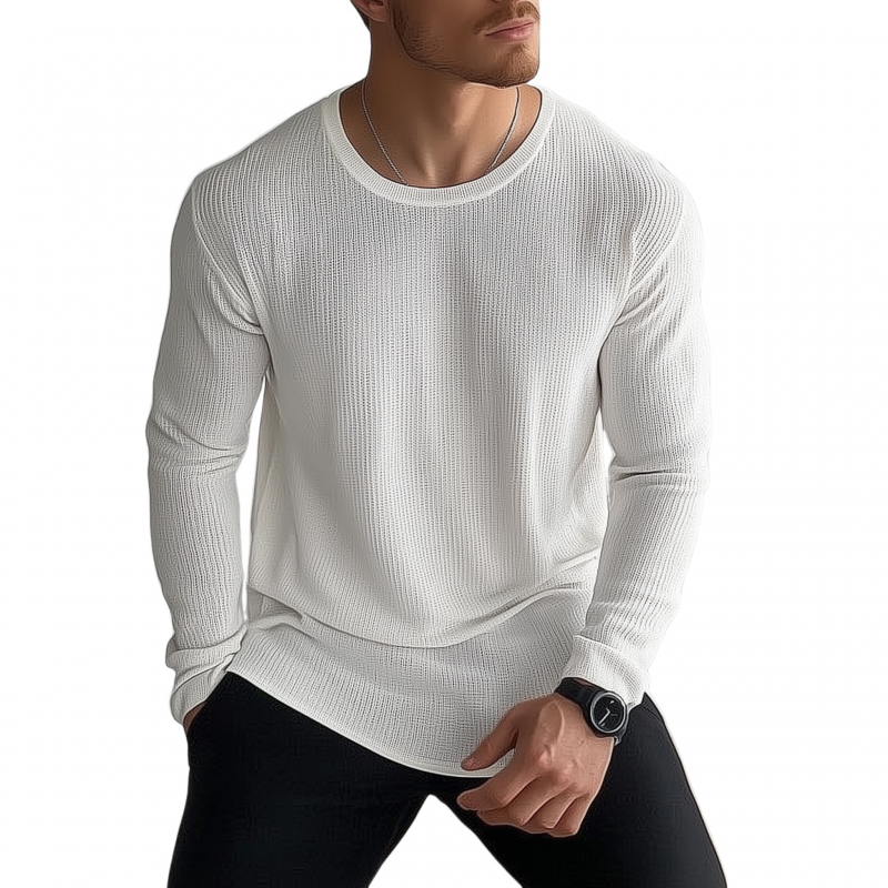 Heren Casual Effen Kleur Ademend Gebreid T-shirt Sweater met Ronde Hals Losse Lange Mouw MTA2184G6M