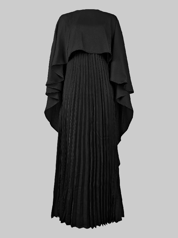 Cape High-Low Plissé Effen Kleur Split-Joint Ronde Hals Avondjurken Maxi Jurken