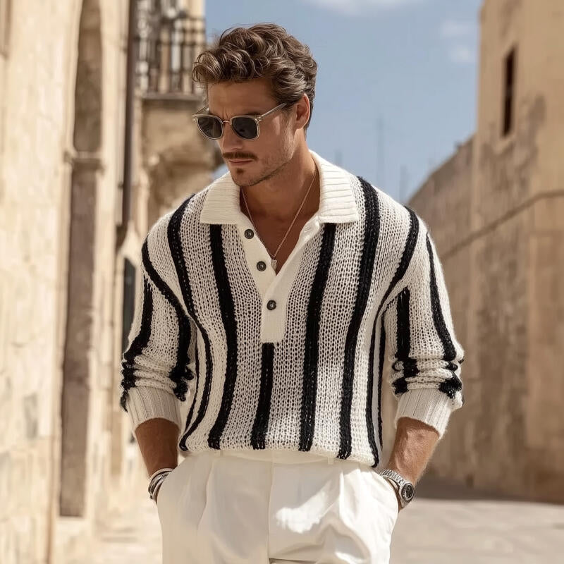 Heren vintage trui met contrasterende strepen, ademend, met polo, losvallend, MTA2831H1M