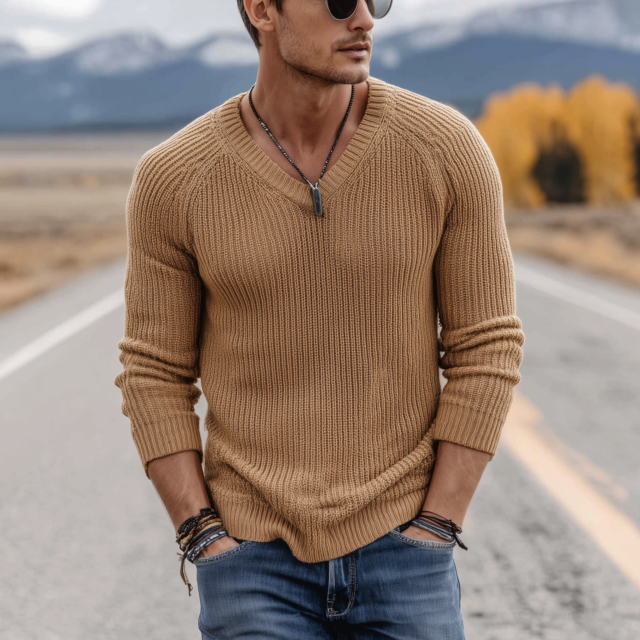 Heren klassieke casual V-hals slim fit dunne trui met lange mouwen MTA0247H1K