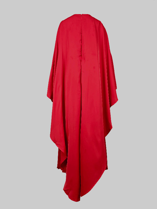 Cape High-Low Plissé Effen Kleur Split-Joint Ronde Hals Avondjurken Maxi Jurken