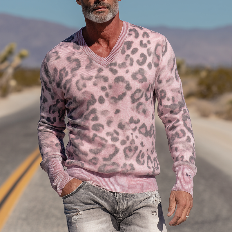 Heren Trui van Gebreid Stof met Luipaardpatroon en V-hals MTA1431H1P