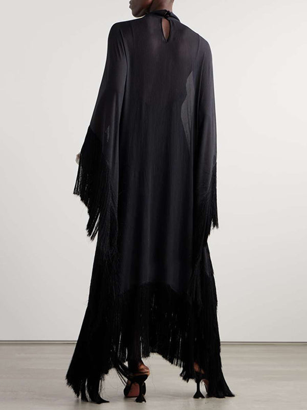 Batwing Mouwen Losse Doorzichtige Effen Kleur Met Kwastjes Mock Neck Maxi Jurken