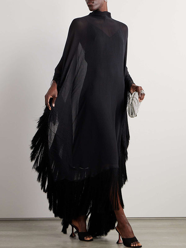Batwing Mouwen Losse Doorzichtige Effen Kleur Met Kwastjes Mock Neck Maxi Jurken