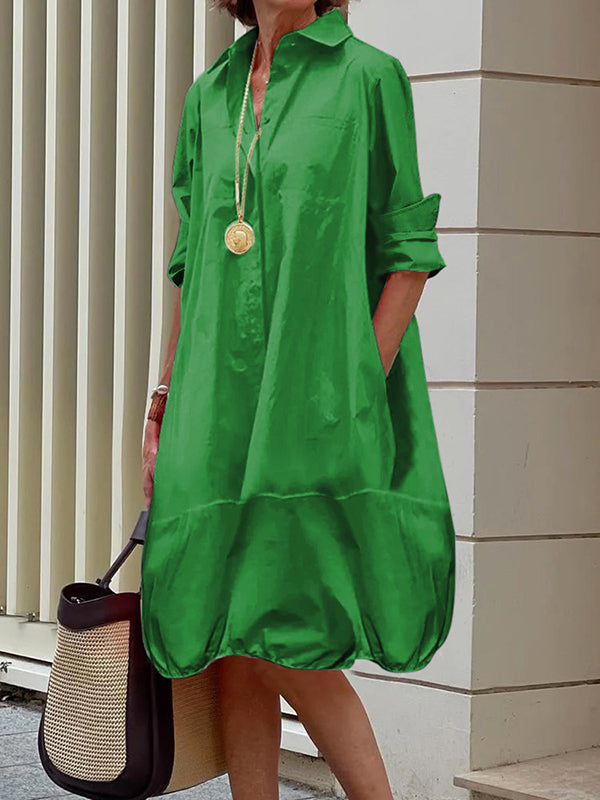 Lange Mouwen Losse Effen Kleur Revers Kraag Midi Jurken Overhemd Jurk