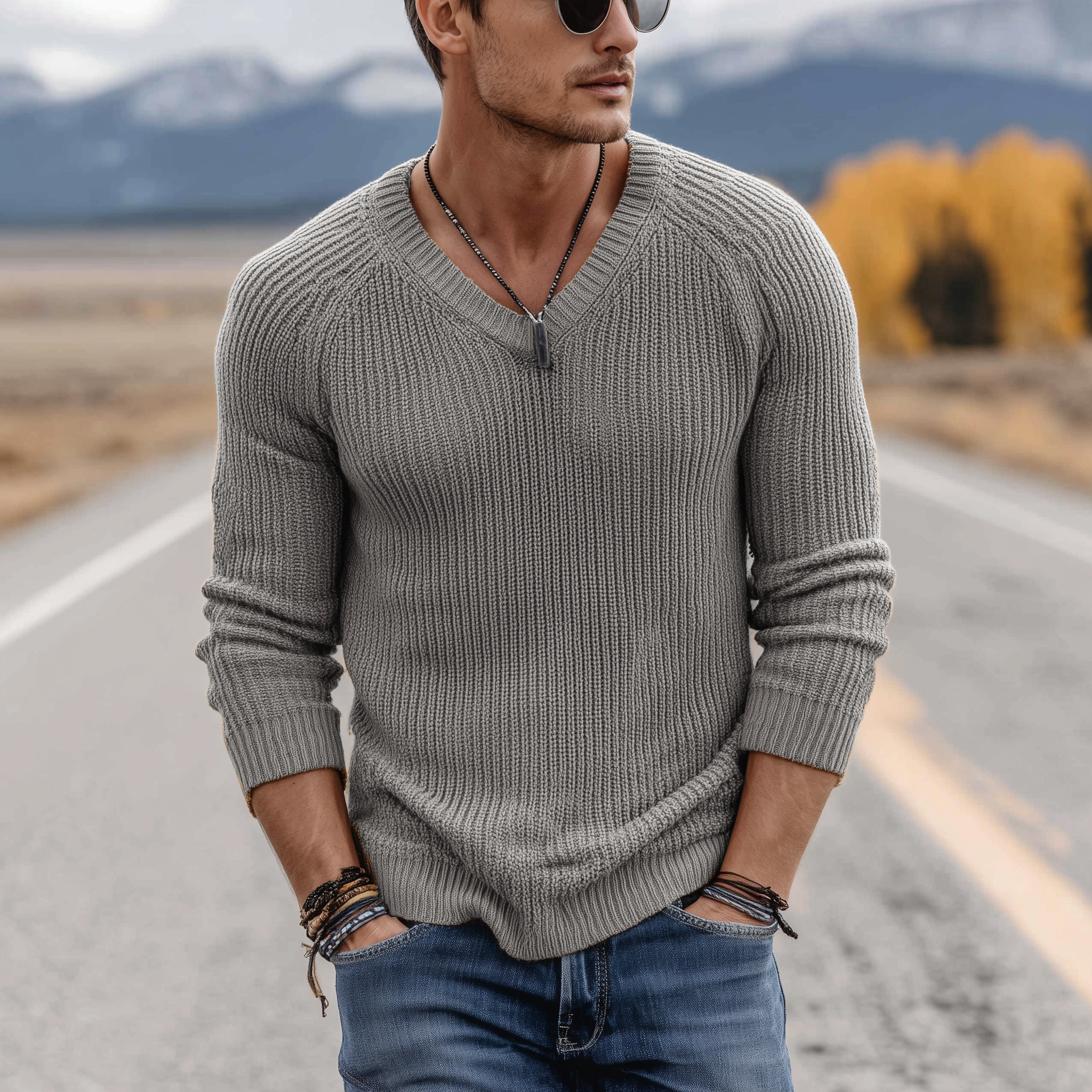 Heren klassieke casual V-hals slim fit dunne trui met lange mouwen MTA0247H1K