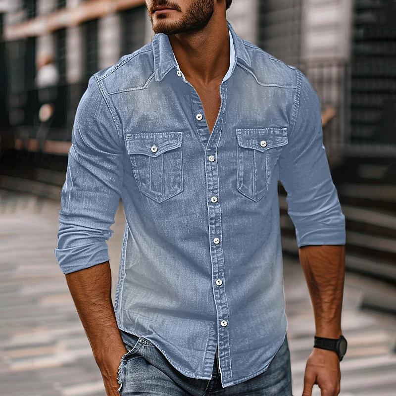 Heren Denim Overhemd met Kraag in Vintage Stijl 89638435X