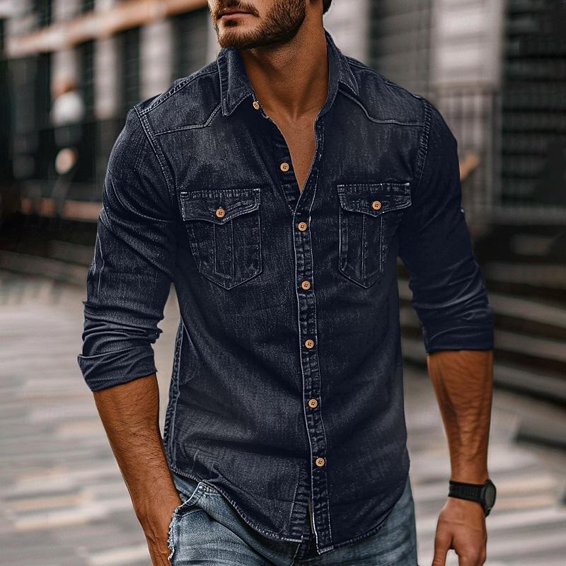 Heren Denim Overhemd met Kraag in Vintage Stijl 89638435X