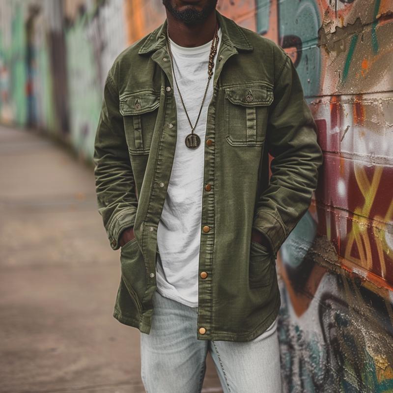 Heren Vintage Korduroy Prana Werkjas met Medium Lengte Kraag en Veel Zakjes 57083402M