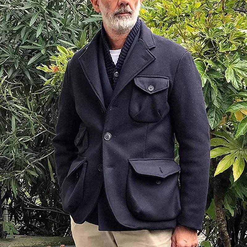 Heren Vintage Effen Wol Jack met Kraag en Veel Zakjes 43173780Y