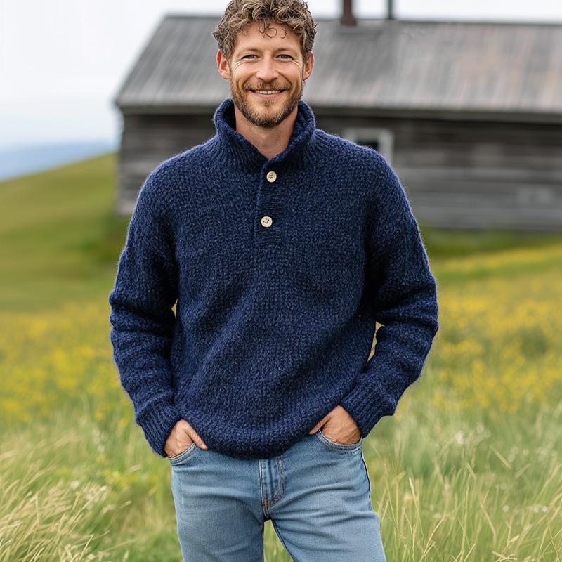 Heren Vintage Donkerblauwe Trui met Twee Knopen en Staande Kraag 52045838U