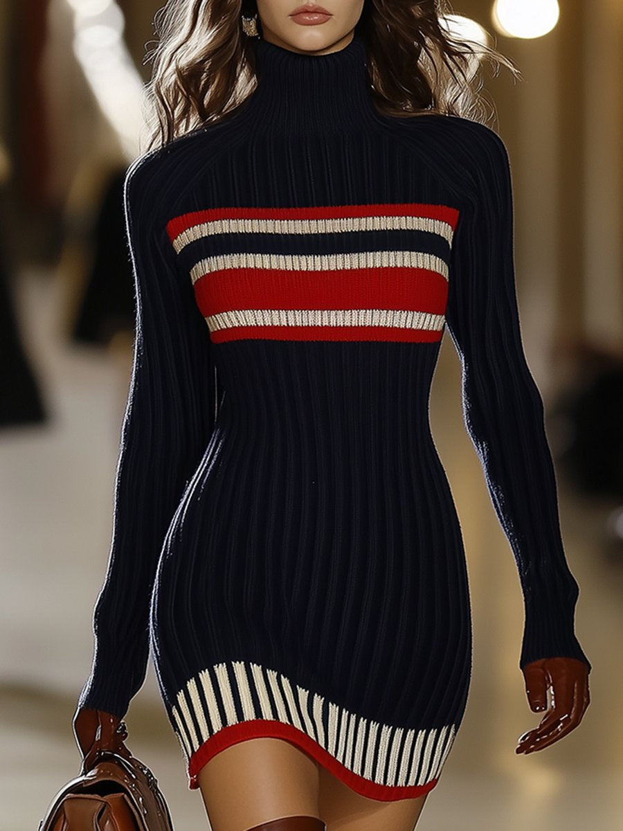 Natalia – Retro Gebreide Jurk met Streepjes en Col