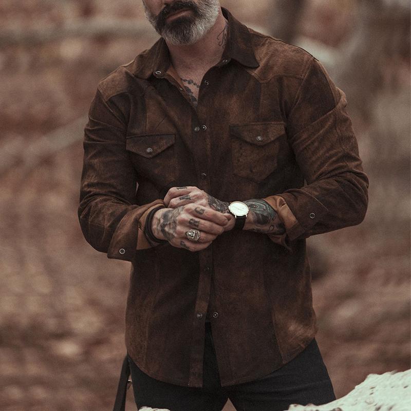 Heren Vintage Casual Suède Overhemd met Lange Mouwen en Kraag 31793631TO