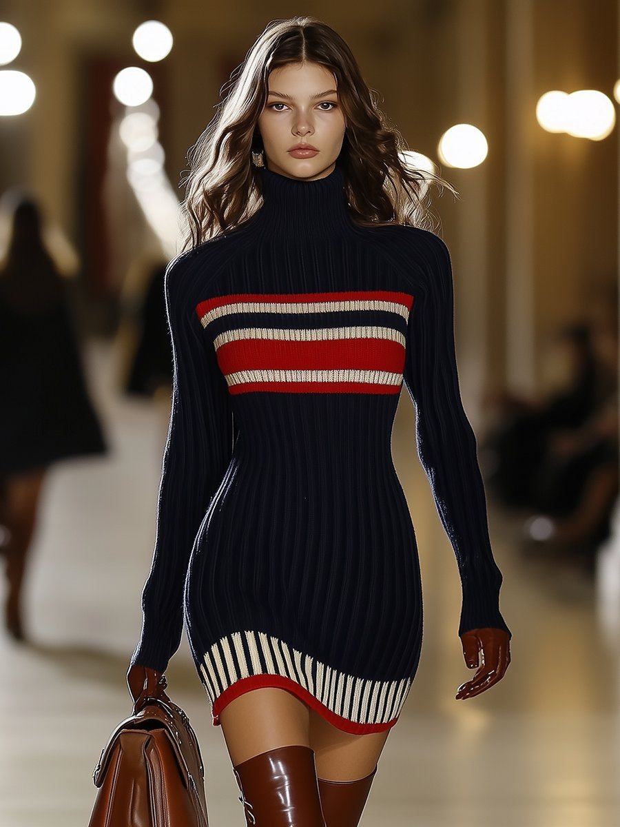 Natalia – Retro Gebreide Jurk met Streepjes en Col