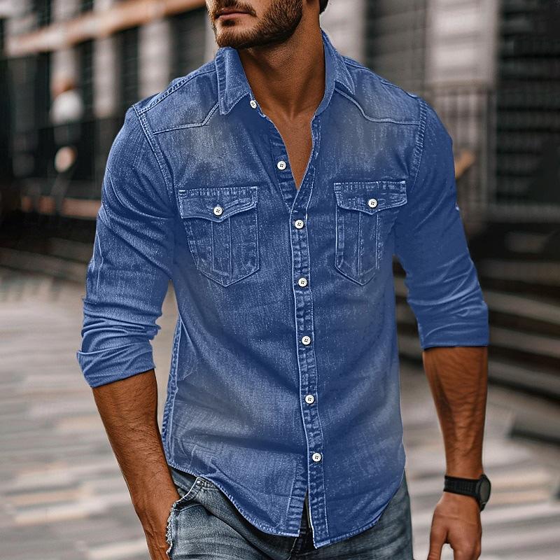 Heren Denim Overhemd met Kraag in Vintage Stijl 89638435X