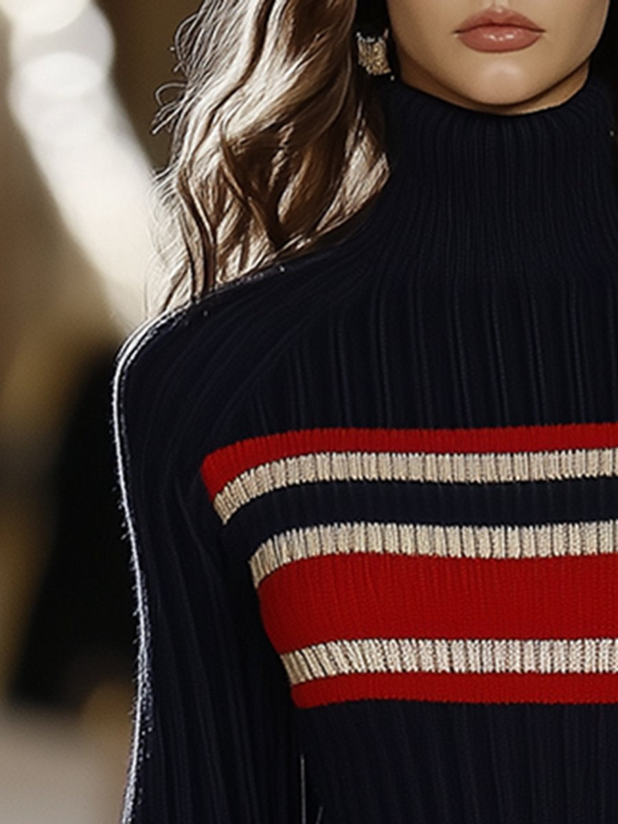 Retro Franse Elegante Mode Hoge Kraag Rood En Witte Gestreepte Jurk