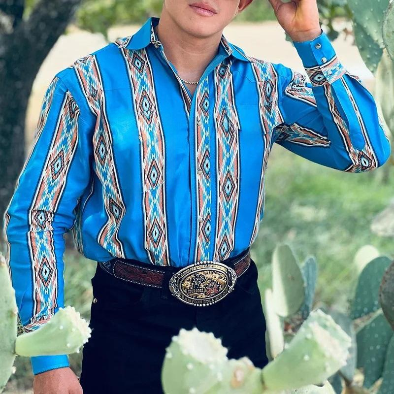 Heren spijkerblouse in westernstijl met kraag en lange mouwen 35190529X