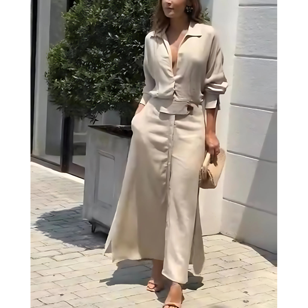 Barbara | Maxi-jurk van katoen en linnen met knopen en een riem in de taille