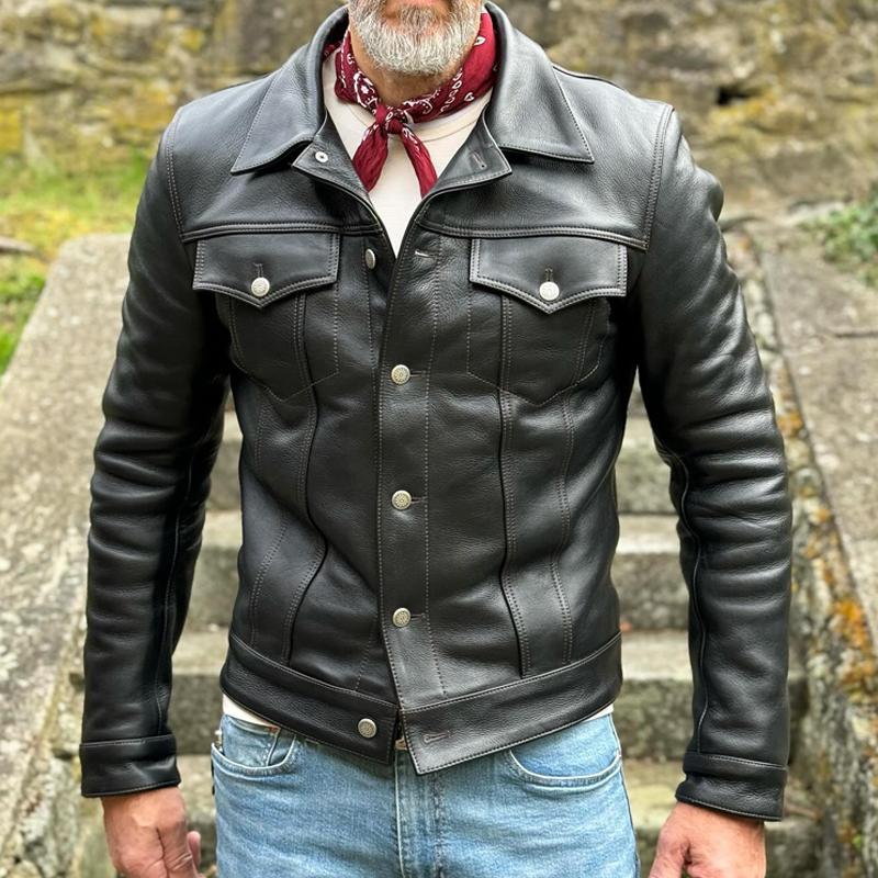 Heren Vintage Leren Jas met Kleppen en Borstzak, Eentonig, Casual 33084088Z