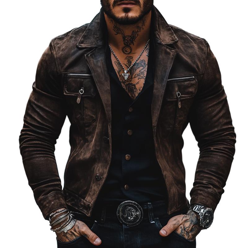 Heren vintage suède jas met kleppen, borstzak, enkelvoudige sluiting 85643305Z