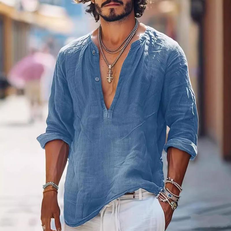 Heren Vintage Overhemd met Knopen V-Hals met Lange Mouwen 16011016Y