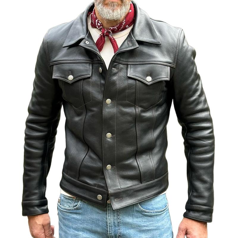 Heren Vintage Leren Jas met Kleppen en Borstzak, Eentonig, Casual 33084088Z