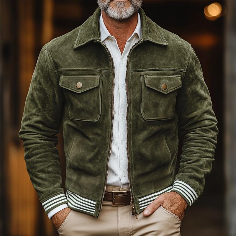 Heren casual jack met rits, van suede, met borstzak en gestreepte riem 09306742Z