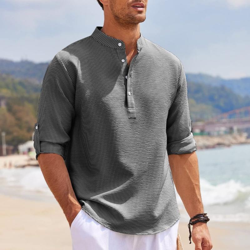 Heren overhemd met staande kraag en opgerolde mouwen 19984852Y